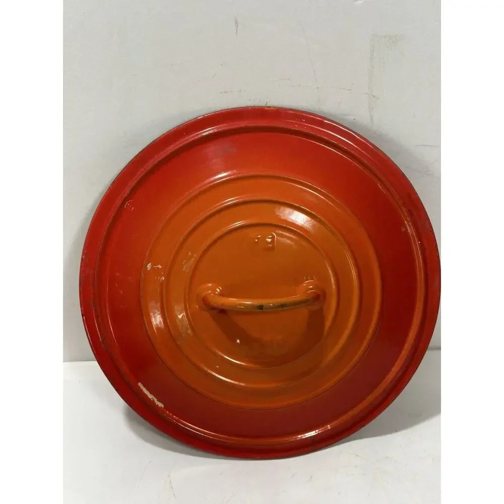 Vintage DESCOWARE Cast Iron LID FE BELGIUM No 6 Flame Red Orange ENAMEL Fits 7”‎